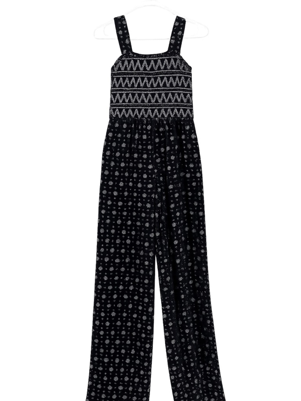 Girls Black Printed Smocked Jumpsuit